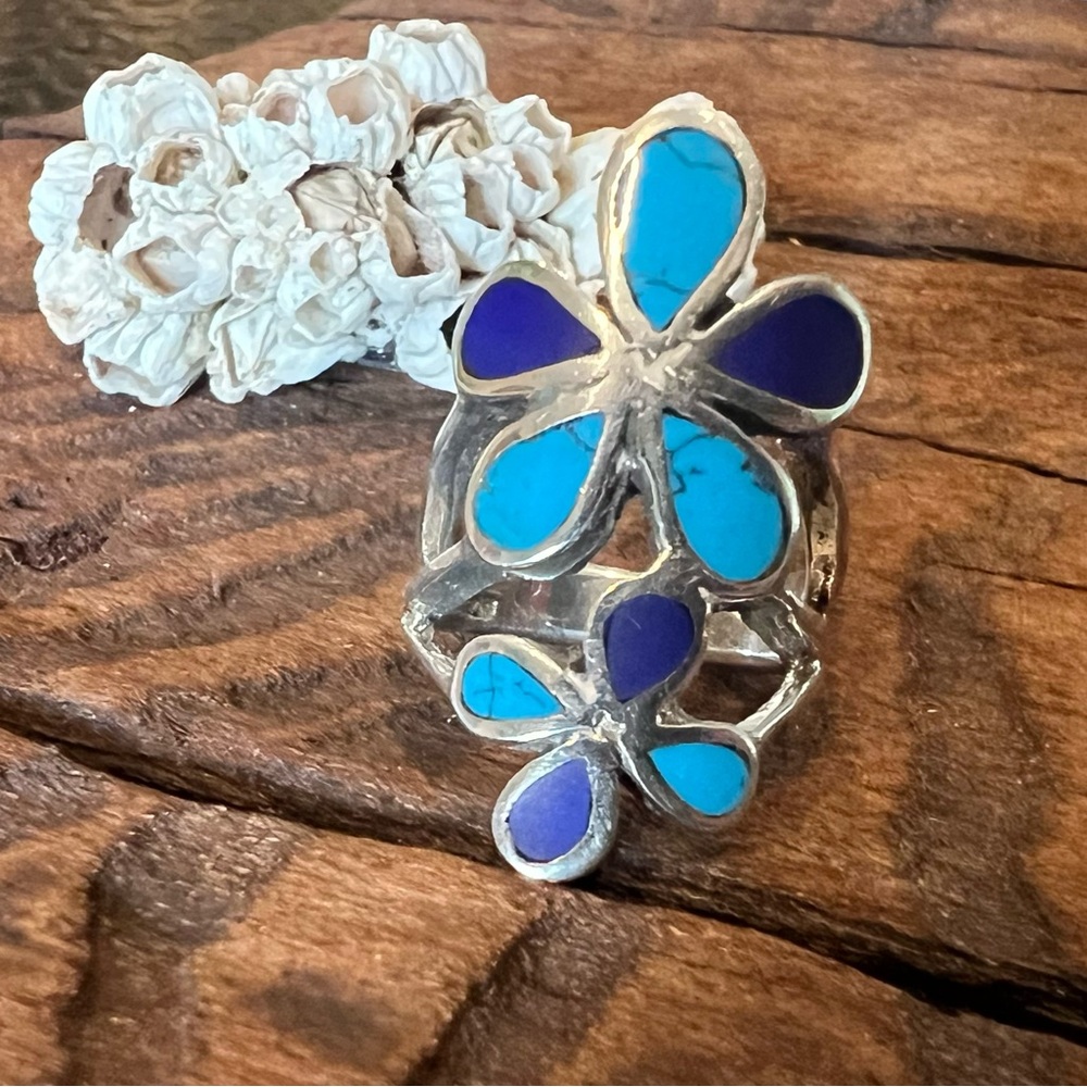 Native American Ring Turquoise Lapis Lazuli Double Daisy Sterling Silver 5 Bali